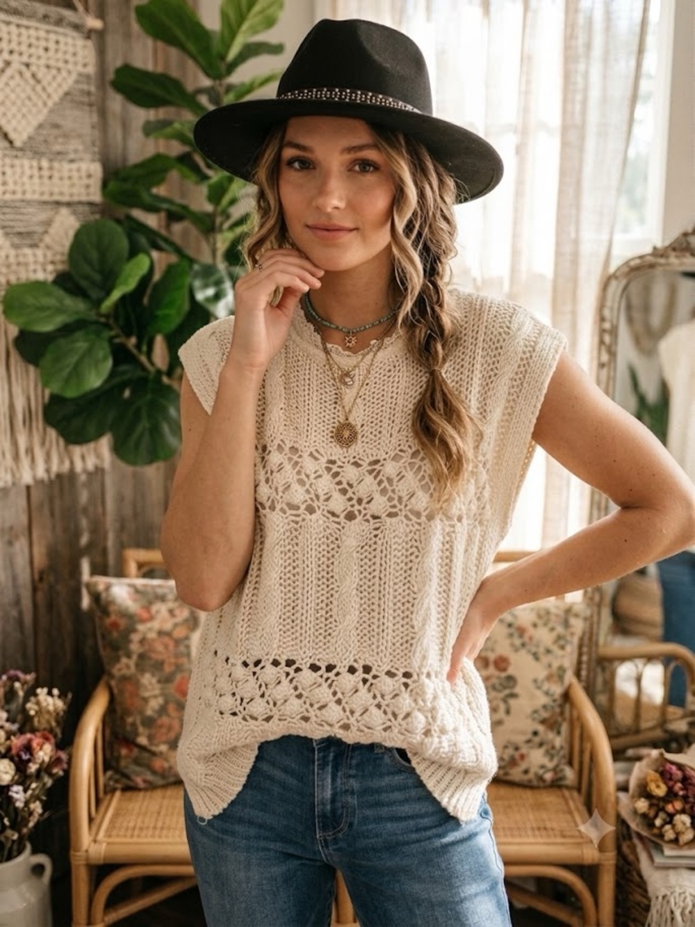 Vintage Center Square Hand Knit Short Sleeve Sweater